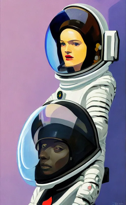 Image similar to Portrait of a woman astronaut with helmet and black latex suit, very coherent, painted by Edward Hopper, painted by James Gilleard, airbrush, art by JamesJean