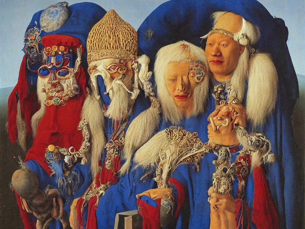 Image similar to portrait of albino mystic with blue eyes, with beautiful exotic, archaic, prehistoric, Tibetan mask. Painting by Jan van Eyck, Audubon, Rene Magritte, Agnes Pelton, Max Ernst, Walton Ford