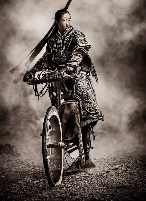 Image similar to old vintage photo of Chinese ancient warrior on the steam punk one wheels, extreme sports photography , dynamic photography, high speed,dirt and grawel flying in the spot, lens flares, dust in the air, moody lighting, intricate, elegant, highly detailed, centered, smooth, sharp focus, sports photography, old photo, black and white, sepia, cinematic lighting, cinematic angle, national geographic