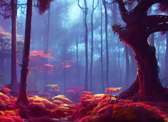 Image similar to luminescent forest biome that looks like a movie shot by pixar, ultra detailed, fantasy, hyper realism, art, smooth, beautiful art, masterpiece, landscape, cinematic, wet reflections, ray tracing x, rtx, smooth