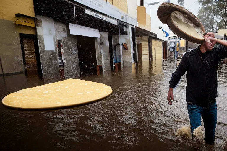 Image similar to closeup portrait of a man carrying a wheel of cheese over his head in a flood in North Terrace in Adelaide in South Australia, photograph, natural light, sharp, detailed face, magazine, press, photo, Steve McCurry, David Lazar, Canon, Nikon, focus