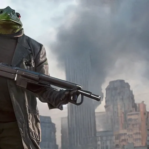 Prompt: a badass photo of frog mafia boss holding gun in marvel movie. nuri iyem, james gurney, james jean, greg rutkowski, anato finnstark, 1 7 mm