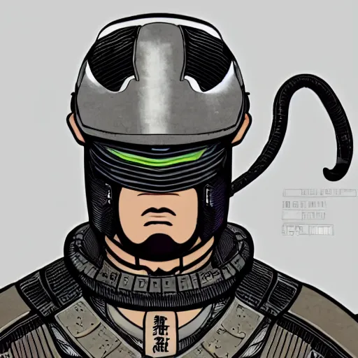 Prompt: a powerful japanese samurai wearing cyber gear, detailed face, face symmetry, character concept portrait by moebius and laurie greasley, profile picture, 8 k, cinematic color grading