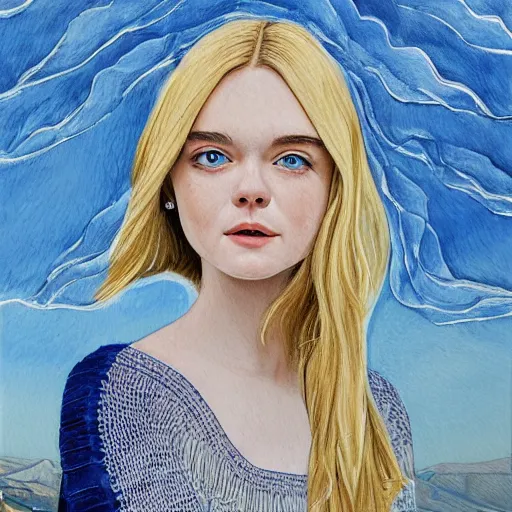 Prompt: professional painting of Elle Fanning in Santorini in the style of Peter Zumthor, head and shoulders portrait, symmetrical facial features, smooth, sharp focus, illustration, intricate, stormy weather, extremely detailed masterpiece,