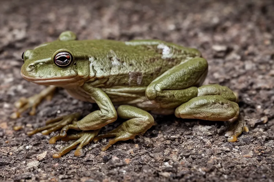 Image similar to muscular frog soldier holding a gun going to war, nature photography