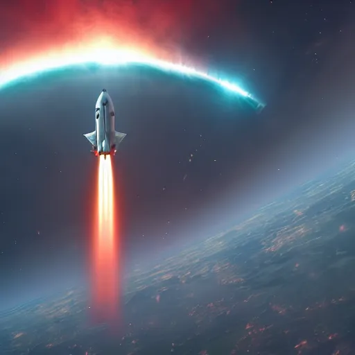 Image similar to Rocket flying in space, colorful, 4k, trending on artstation, cinematic