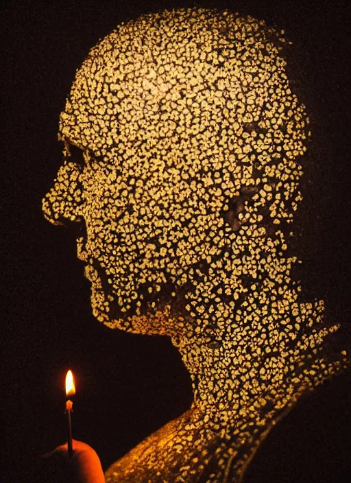 Image similar to a man's face in profile, made of candles, in the style of the Dutch masters and Gregory Crewdson, dark and moody