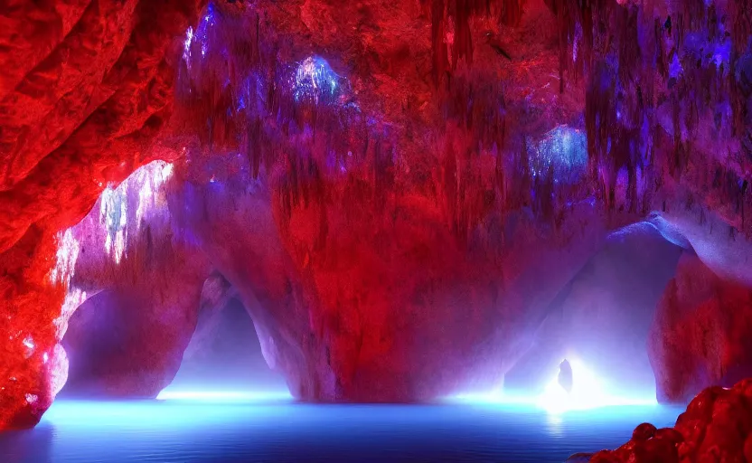 Image similar to a beautiful and stunning digital render of a humongous opal cave, dimly glowing crystals, haze, waterfall, volumetric lighting, photorealistic, red sky, sunset, unreal engine 5, ultra detail, trending on artstation