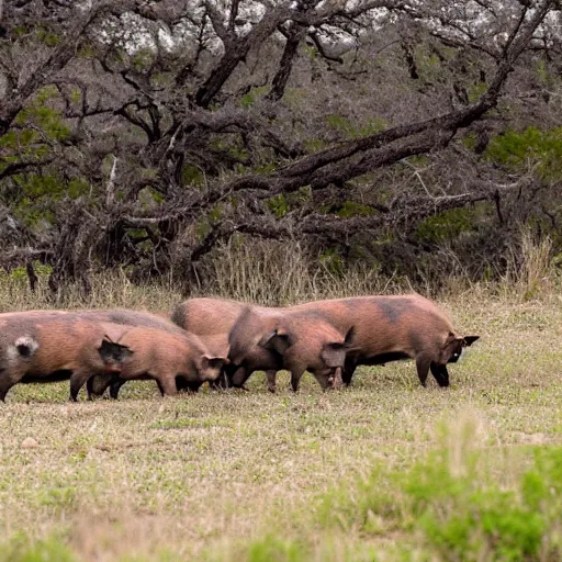 Prompt: wild pigs in the Texas hill country, 50mm, professional photography