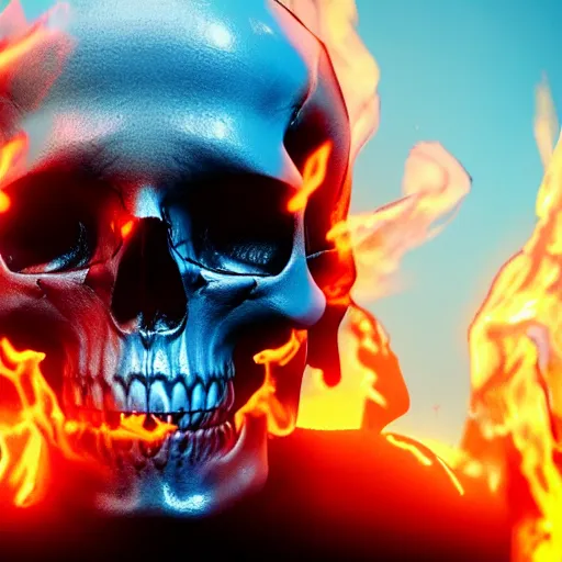 Image similar to a highly detailed human skull with intricate designs with fire for eyes on fire in front of a neon blue background, 3 d, octane render, symmetrical, hyper realism, highly detailed, digital art, artstation, concept art, cinematic lighting, strong bokeh, trending