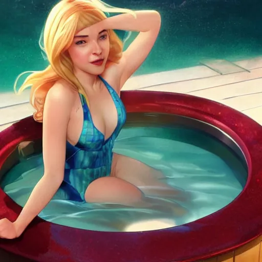 Image similar to gwen stacy in a swimsuit, relaxing in a hot tub, cg animation, riot entertainment, arcane, realistic, character select portrait, by artgerm, greg rutkowski, alphonse mucha, 3 d