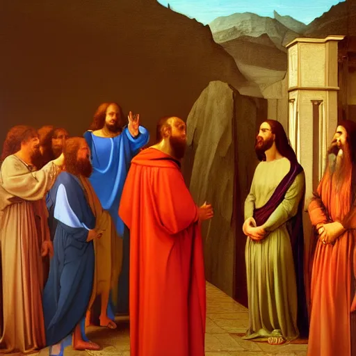 Image similar to jesus christ preaching to vladmir putin, photorealistic frame hanging on the wall, ultra-realistic in the colourful style of leonardo da vinci artstation hd oil painting and edward hooper, renaissance painting