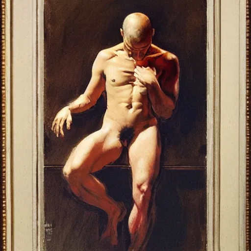 Image similar to a man looking at a mirror depressed, frank frazetta