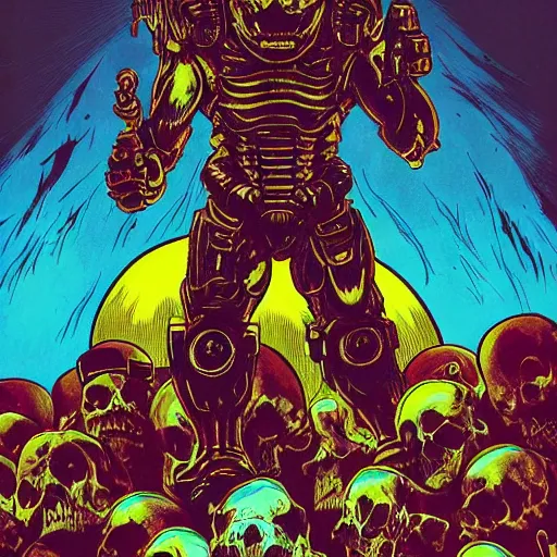 Image similar to Doom guy standing on top of a heap of demon skulls dripping with death, synthwave, vintage comic