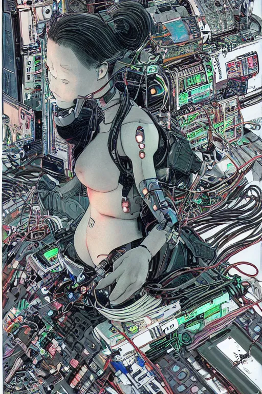 Prompt: an hyper-detailed cyberpunk illustration of a female android seated on the floor in a tech labor, seen from the side with her body open showing cables and wires coming out, by masamune shirow, and katsuhiro otomo, USA, 1980s, centered, colorful