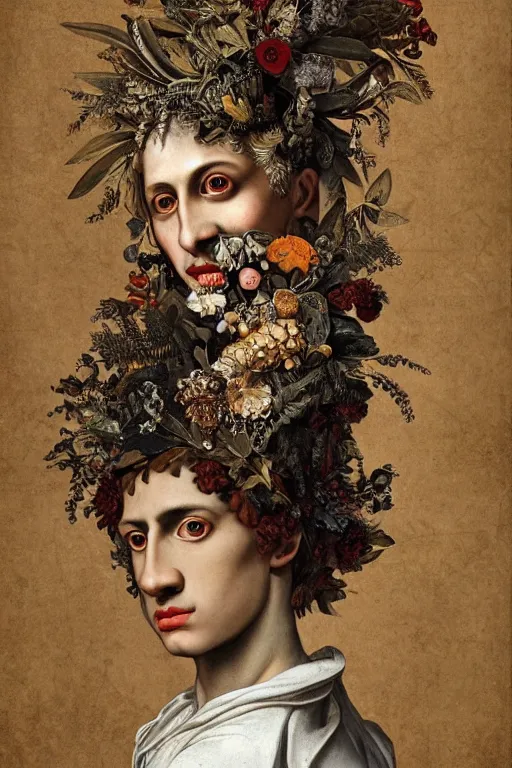 Image similar to Detailed maximalist portrait a Greek god with large lips and with large white eyes, exasperated expression, botany bones, HD mixed media, 3D collage, highly detailed and intricate, surreal illustration in the style of Caravaggio, dark art, baroque