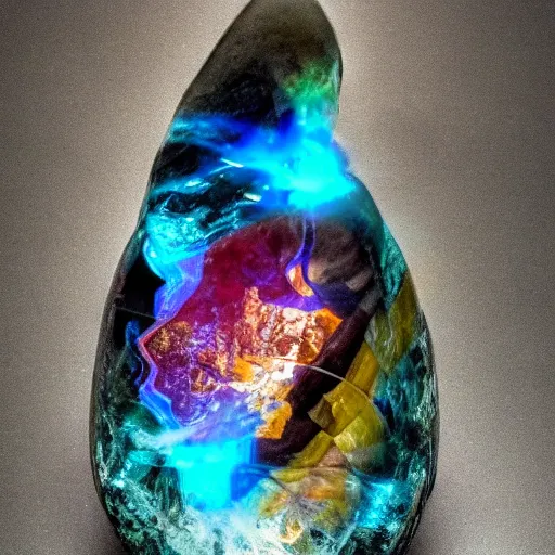 Image similar to light refraction from a mineral rock, in a dark studio room. magical and fantasy material, orb, polished. Some colorful smoke steaming out of it. Mineral auctions, mineral collections, rare mineral. rare raw metal.