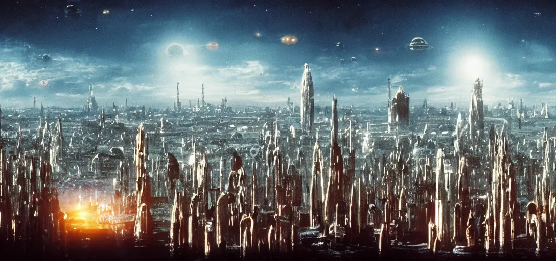 Image similar to very high resolution image from a new movie. a beautiful city landscape, alien invasion. 2 4 mm, photorealistic, photography, directed by stanley kubrick