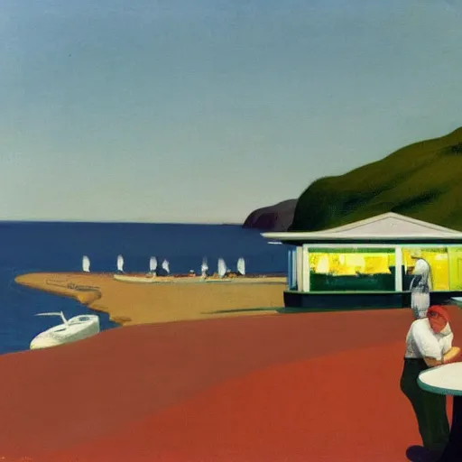 Image similar to idyllic cannabis in a pot, australian beach cafe bleached colors by edward hopper