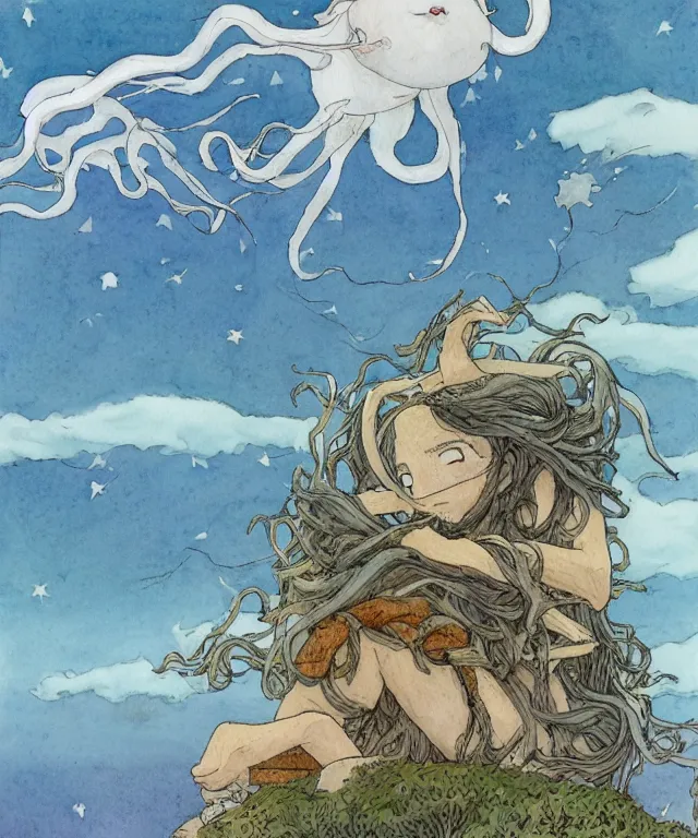 Image similar to a hyperrealist studio ghibli watercolor fantasy concept art. in the foreground is a giant long haired grey squid sitting in lotus position on top of stonehenge with shooting stars all over the sky in the background. by rebecca guay, michael kaluta, charles vess