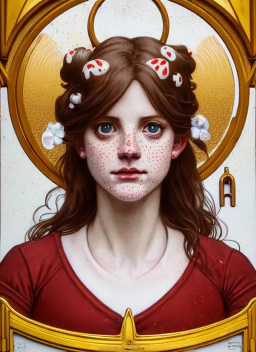 Prompt: close up portrait of wendy thomas, pale young woman with freckles and pigtails, baroque hamburgers, fast food imagery by artgerm, cushart krenz, greg rutkowski, mucha. art nouveau. gloomhaven, golden arches logo, pale colors, sharp edges. ultra clear detailed. 8 k. elegant, intricate, octane render