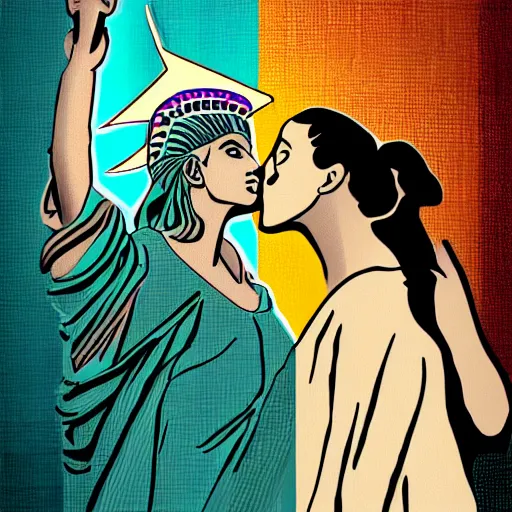 Prompt: lady liberty making out with alexandria ocasio - cortez at a bar, digital art, 8 k