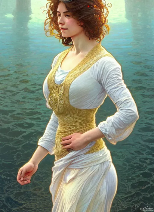 Image similar to full body portrait of a woman posing, short wavy hair, round face, cottagecore!!, inside water, intricate, enlightened, highly detailed, digital painting, artstation, concept art, smooth, sharp focus, illustration, art by artgerm and greg rutkowski and alphonse mucha