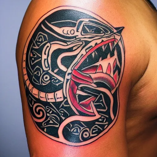 Image similar to A Maori tattoo depicting a shark, a guitar, some roses and gold coins