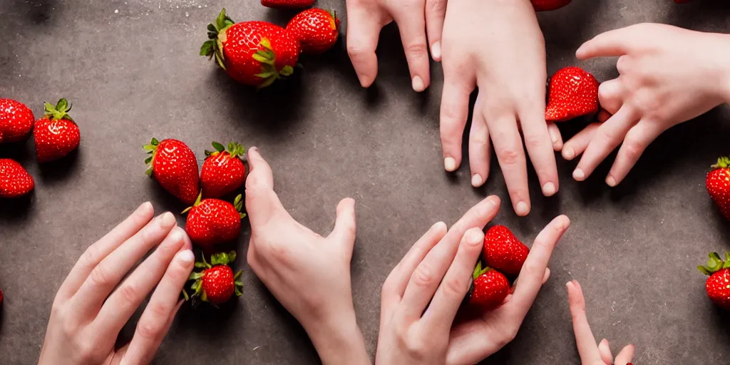 Image similar to a shocking and clearn photo of hands with way to many long creepy fingers reaching for little strawberries and chocolate with dramatic romantic lighting