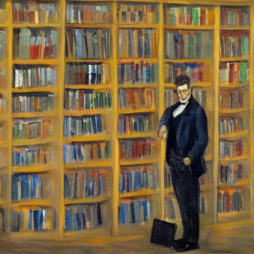 Image similar to a painting of a man in a suit in a city of bookshelves by harriet backer, trending on artstation