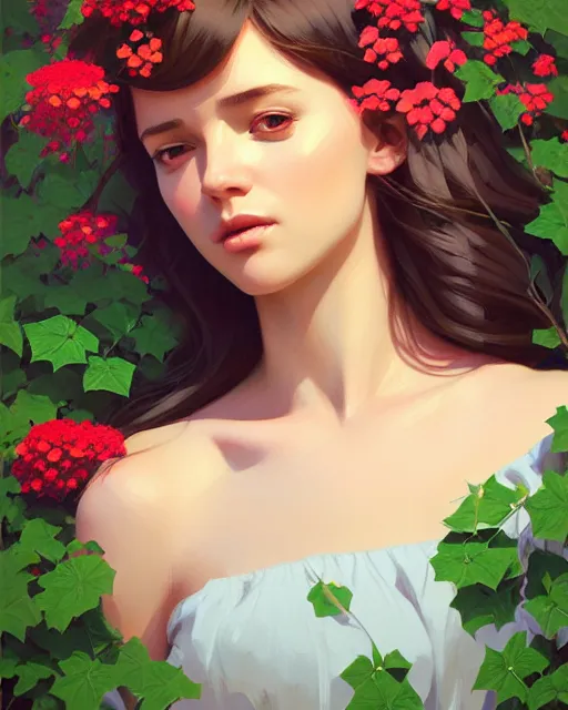 Image similar to stylized portrait of an artistic pose, composition, young lady sorrounded by nature, ivy's, flowers, one single head, realistic shaded, fine details, realistic shaded lighting poster by ilya kuvshinov, magali villeneuve, artgerm, jeremy lipkin and michael garmash and rob rey