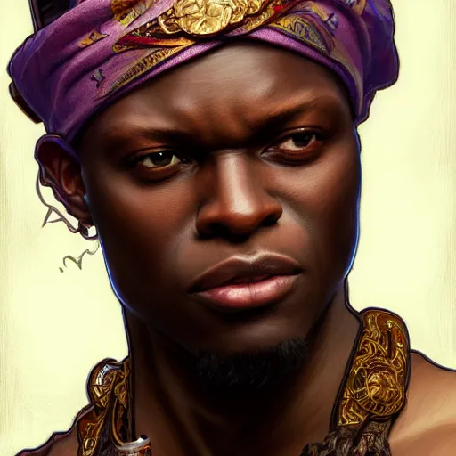 Image similar to KSI wearing a bandana, closeup, D&D style, fantasy, intricate, elegant, highly detailed, digital painting, artstation, concept art, matte, sharp focus, illustration, art by Artgerm and Greg Rutkowski and Alphonse Mucha