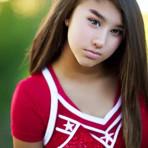 Image similar to a portrait photograph of a star student, popular, cute, 1 8 year - old american high school cheerleader. portrait canon 8 5 mm f 1. 2 photograph head and shoulders portrait