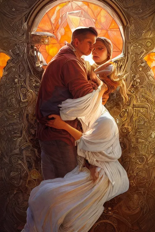 Image similar to portrait of a man in tin - foil hat and orange t - shirt hugging his wife in a bed, feelings, romantic, fantasy, intricate, elegant, highly detailed, digital painting, artstation, concept art, smooth, sharp focus, illustration, art by artgerm and greg rutkowski and alphonse mucha