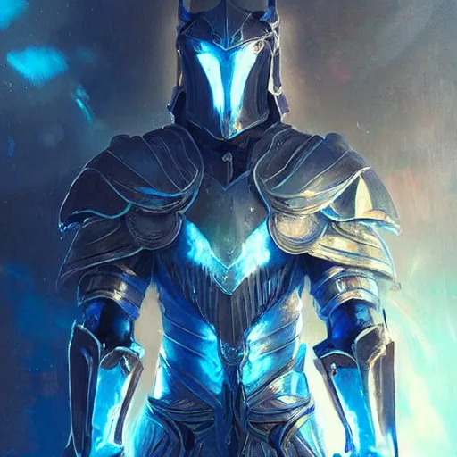 Image similar to a knight in amazing fantasy armor that glows, bursting with blue light, sleek, lightweight but imposing, light glowing from the seams. beautiful highly detailed fantasy painting by greg rutkowski