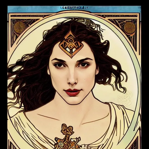 Image similar to gal gadot portrait by louis - theophile hingre and alphonse mucha, realistic, sharp focus, zodiac signs, tarot cards, planets, ethereal, art nouveau, magic, moon, sun, crown, dreamy, royal, jewellery