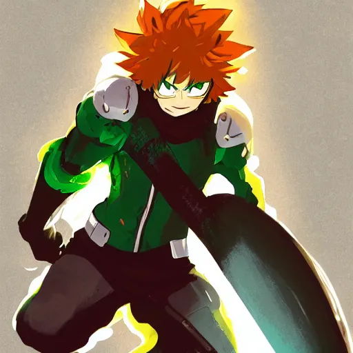 Image similar to izuku midoriya, demon slayer, lightning form, transparent, stern look, comic book thick outline, gta art, anime, d & d, highly detailed, digital painting, artstation, concept art, sharp focus, illustration, cinematic lighting, my hero academia, art by artgerm and greg rutkowski and alphonse mucha