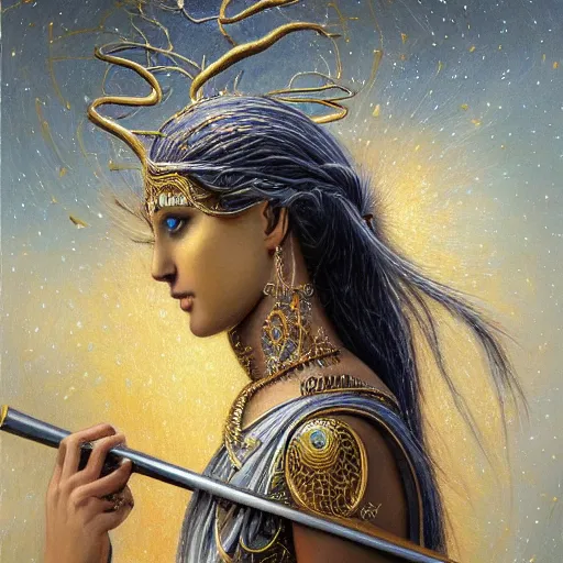 Image similar to beautiful gorgeous pristine Goddess of life itself with a scythe, dark Goddess of artificial intelligence creating an artificial neural network with gold synapses on an anvil with her scythe, high resolution, award winning art, trending on art station, sharp image, incredibly detailed, detailed character, realistic painting, hyper-realistic painting, coherent painting, master piece by ramon y cajal