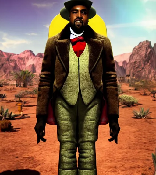 Image similar to Portrait of Kanye West as willy wonka in fallout new vegas, splash art, movie still, cinematic lighting, dramatic, octane render, long lens, shallow depth of field, bokeh, anamorphic lens flare, 8k, hyper detailed, 35mm film grain