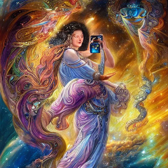 Prompt: a goddess of hubble space telescope images checking her phone, magic realism, art by josephine wall, art by huang guangjian, art by viktoria gavrilenko, art by amanda sage, trending on artstation