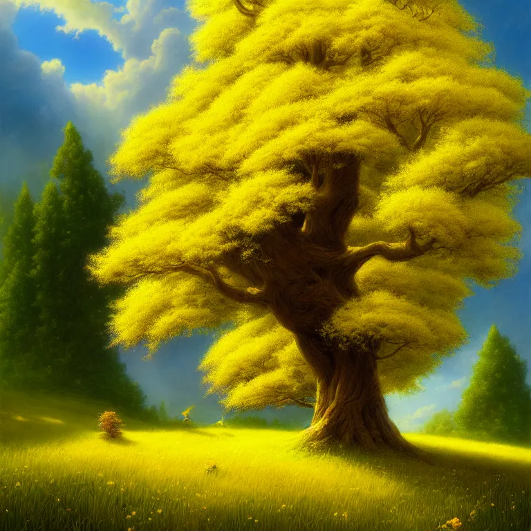 Prompt: tree with yellow, flowering canopy in a meadow by justin gerard, fantasy art, storybook illustration, 4 k
