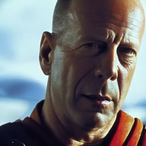 Image similar to an film still of bruce willis as samurai, cinematic, dramatic action