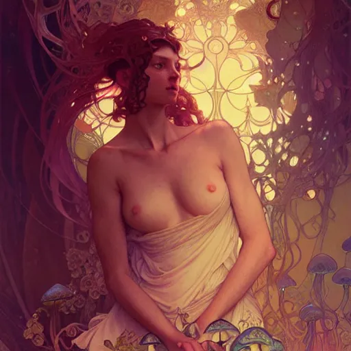 Image similar to A girl surrounded by magic mushrooms, face, detailed, intricate, elegant, highly detailed, digital painting, artstation, concept art, smooth, sharp focus, illustration, art by Krenz Cushart and Artem Demura and alphonse mucha