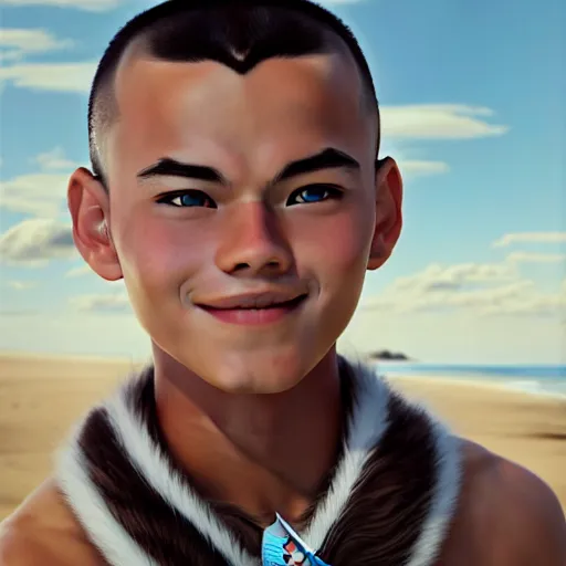 Image similar to beautiful serene intricate photograph of sokka from the water tribe as an inuit young man with light blue eyes, smiling confidently, relaxing on the beach, golden hour, soft focus, 8 k, art by irakli nadar, hyperrealism, hyperdetailed, ultra realistic