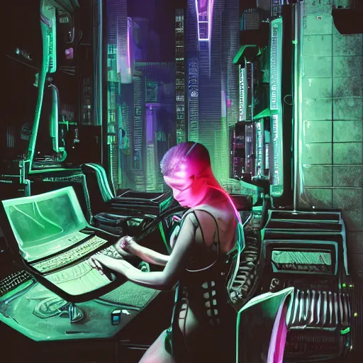 Prompt: cyberpunk goth baby cyborg working on cyberpunk computer in cyberpunk farmers market by william barlowe and pascal blanche and tom bagshaw and elsa beskow and enki bilal and franklin booth, neon rainbow vivid colors smooth, liquid, curves, very fine high detail 3 5 mm lens photo 8 k resolution