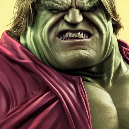 Image similar to [Gérard Depardieu as the Hulk as GTA character, closeup, D&D, intricate, elegant, highly detailed, digital painting, artstation, concept art, matte, sharp focus, illustration, art by Artgerm and Greg Rutkowski and Alphonse Mucha and Enki Bilal]