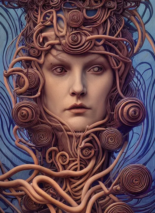 Image similar to medusa, wooden art nouveau swirls, strong subsurface scattering, cables, tubes, subsurface scattering, in the style of james jean and tomasz alen kopera and ross draws, subsurface scattering, mystical colors, rim light, soft lighting, 8 k, stunning scene, raytracing, octane render, trending on artstation