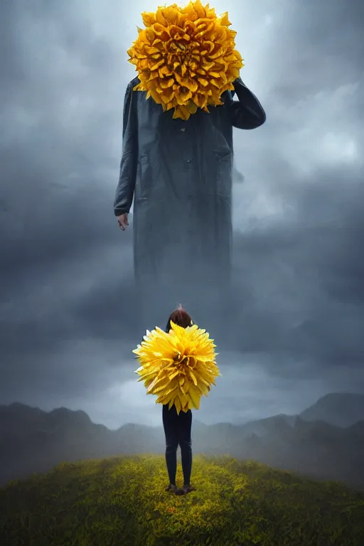 Image similar to closeup girl with huge yellow dahlia flower face, intricate, standing on mountain, surreal photography, blue storm clouds, dramatic light, impressionist painting, digital painting, artstation, simon stalenhag