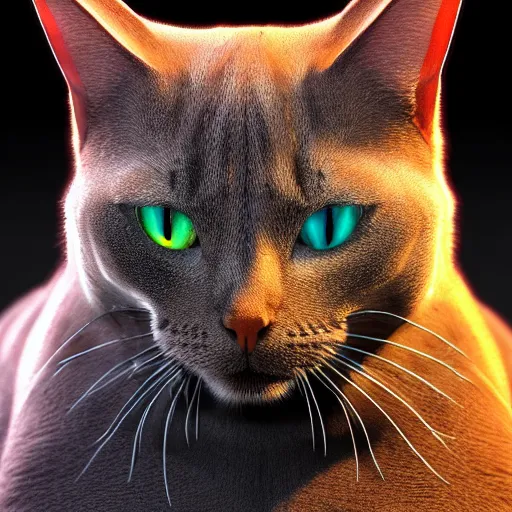 Image similar to photorealistic cat with reptilian features. hyperdetailed photorealism, 1 0 8 megapixels, amazing depth, high resolution, 3 d shading, 3 d finalrender, 3 d cinematic lighting, glowing rich colors, psychedelic overtones, artstation concept art.