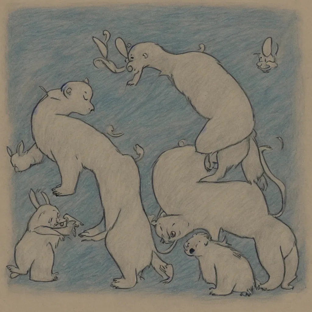 Prompt: drawing from 1 9 2 0's disney animation, monkey polar bear, rabbit frog